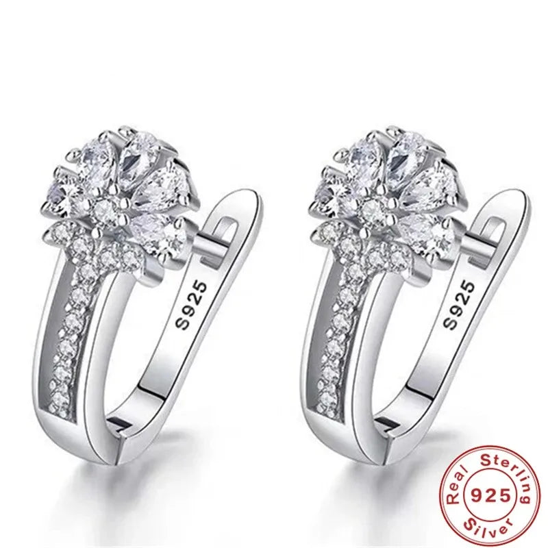925 Silver Zircon Crystal Flower Earrings Women's Jewelry