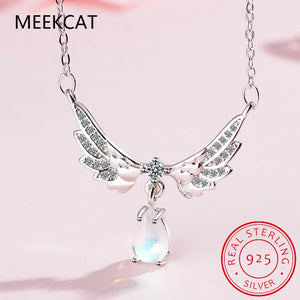 925 Silver Zircon Angel Wings Necklace Moonstone Pendant Choker