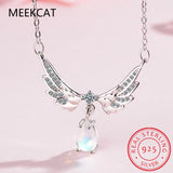 925 Silver Zircon Angel Wings Necklace Moonstone Pendant Choker