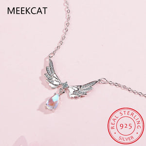 925 Silver Zircon Angel Wings Necklace Moonstone Pendant Choker