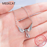 925 Silver Zircon Angel Wings Necklace Moonstone Pendant Choker