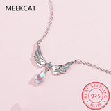 925 Silver Zircon Angel Wings Necklace Moonstone Pendant Choker