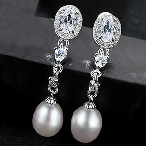 925 Silver Zircon Freshwater Pearl Earrings Wedding Jewelry Women