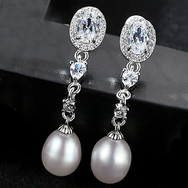 925 Silver Zircon Freshwater Pearl Earrings Wedding Jewelry Women