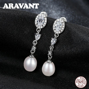 925 Silver Zircon Freshwater Pearl Earrings Wedding Jewelry Women