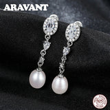 925 Silver Zircon Freshwater Pearl Earrings Wedding Jewelry Women