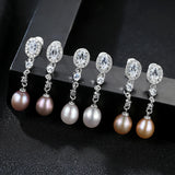 925 Silver Zircon Freshwater Pearl Earrings Wedding Jewelry Women