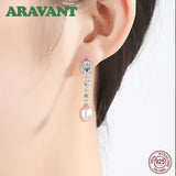 925 Silver Zircon Freshwater Pearl Earrings Wedding Jewelry Women