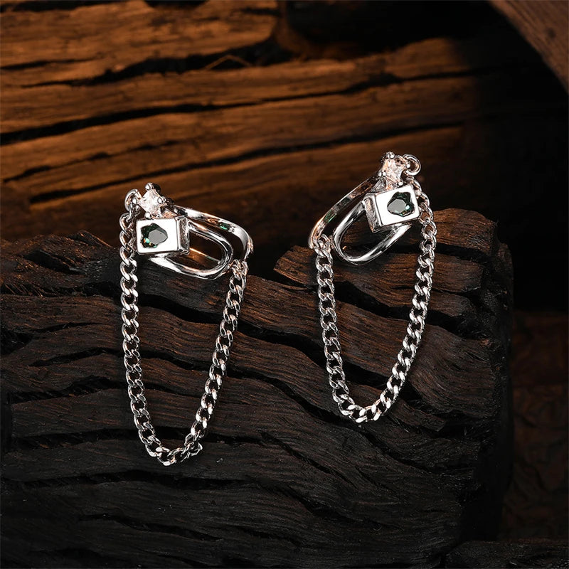 925 Silver Ear Clips Tassel Chain Earrings Zircon Ear Cuff Jewelry