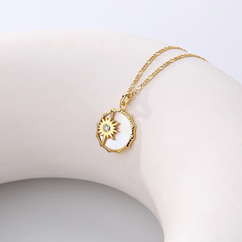 925 Silver Shell Pendant Necklace Geometric Sun Vintage Jewelry