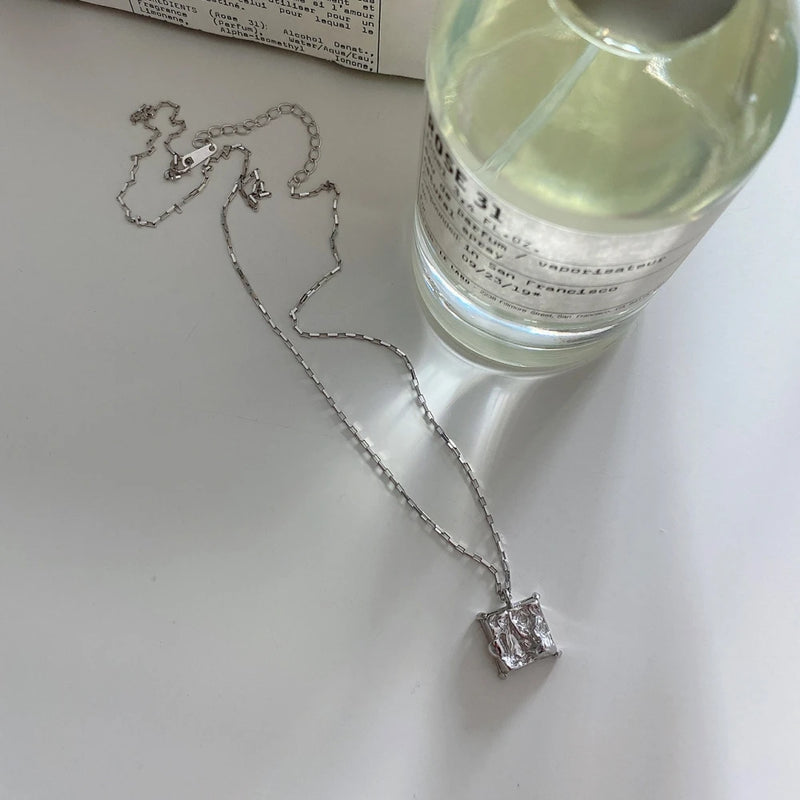 925 Silver Square Pendant Necklace Long Chain Jewelry Women Geometric Necklaces