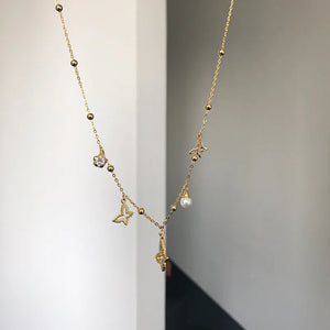 925 Silver Japanese Pearl Butterfly Pendant Necklace Vintage Party Jewelry