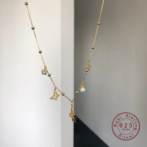 925 Silver Japanese Pearl Butterfly Pendant Necklace Vintage Party Jewelry
