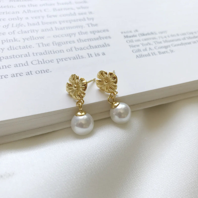 925 Silver Japanese Flower Pearl Earrings Women Wedding Jewelry Gift