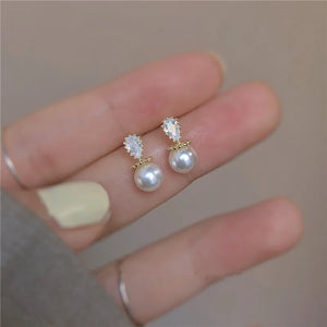 925 Silver Water Drop Crystal Pearl Earrings 14k Stud