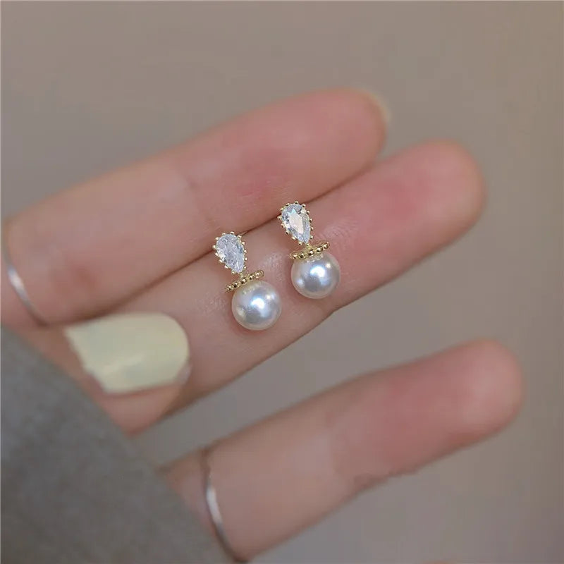 925 Silver Water Drop Crystal Pearl Earrings 14k Stud