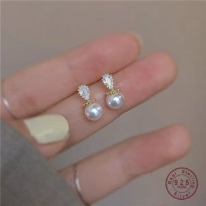 925 Silver Water Drop Crystal Pearl Earrings 14k Stud