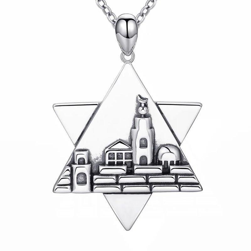 925 Silver Jerusalem Charm Star of David & Dave Pagoda Pendant Necklace