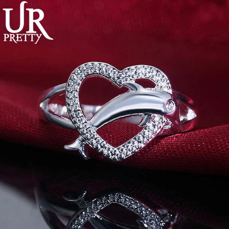 Sterling Silver Dolphin Hearts Ring for Woman Engagement Wedding