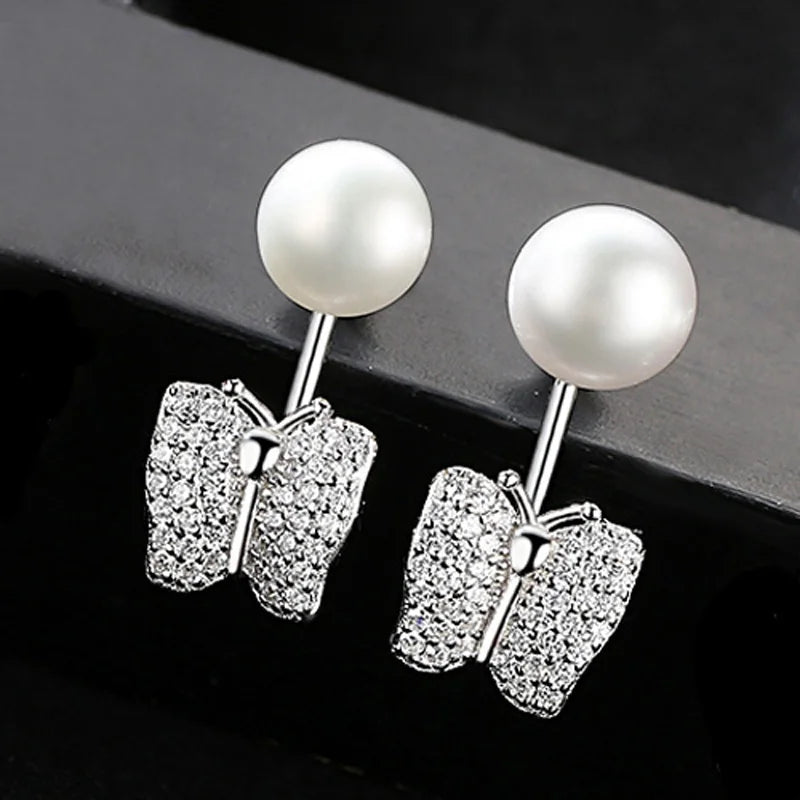 925 Silver Pearl Earrings Butterfly Studs for Women