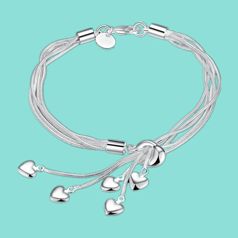 925 Sterling Silver Heart Bracelet Fine Snake Chain