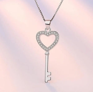 925 Silver CZ Heart Key Pendant Necklace for Women