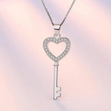 925 Silver CZ Heart Key Pendant Necklace for Women