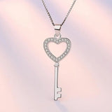 925 Silver CZ Heart Key Pendant Necklace Women