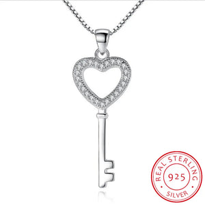 925 Silver CZ Heart Key Pendant Necklace Women