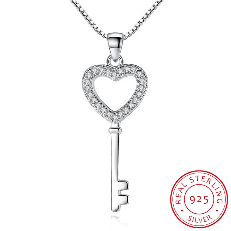 925 Silver CZ Heart Key Pendant Necklace Women