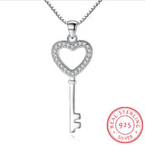 925 Silver CZ Heart Key Pendant Necklace Women