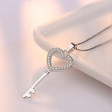 925 Silver CZ Heart Key Pendant Necklace Women
