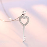 925 Silver CZ Heart Key Pendant Necklace Women