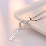 925 Silver CZ Heart Key Pendant Necklace for Women