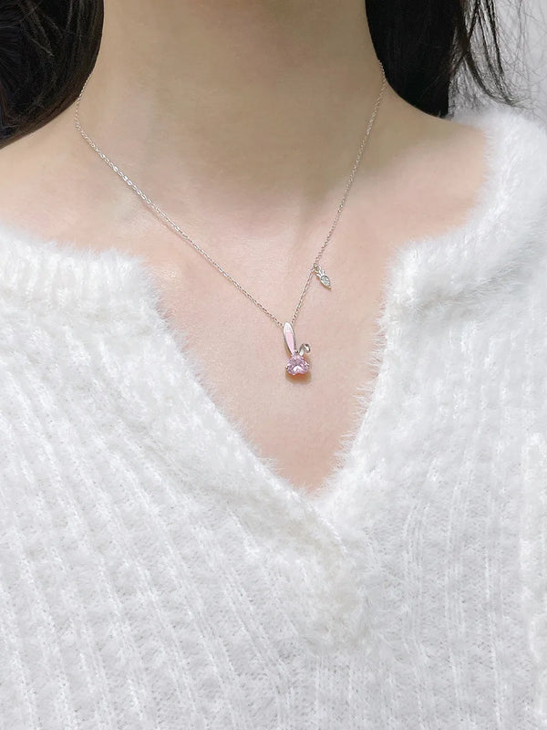 925 Silver Pink Rabbit CZ Pendant Necklace for Girls