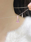 925 Silver Pink Rabbit CZ Pendant Necklace for Girls