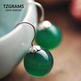 925 Silver Green Agate Drop Earrings Natural Stone Beads