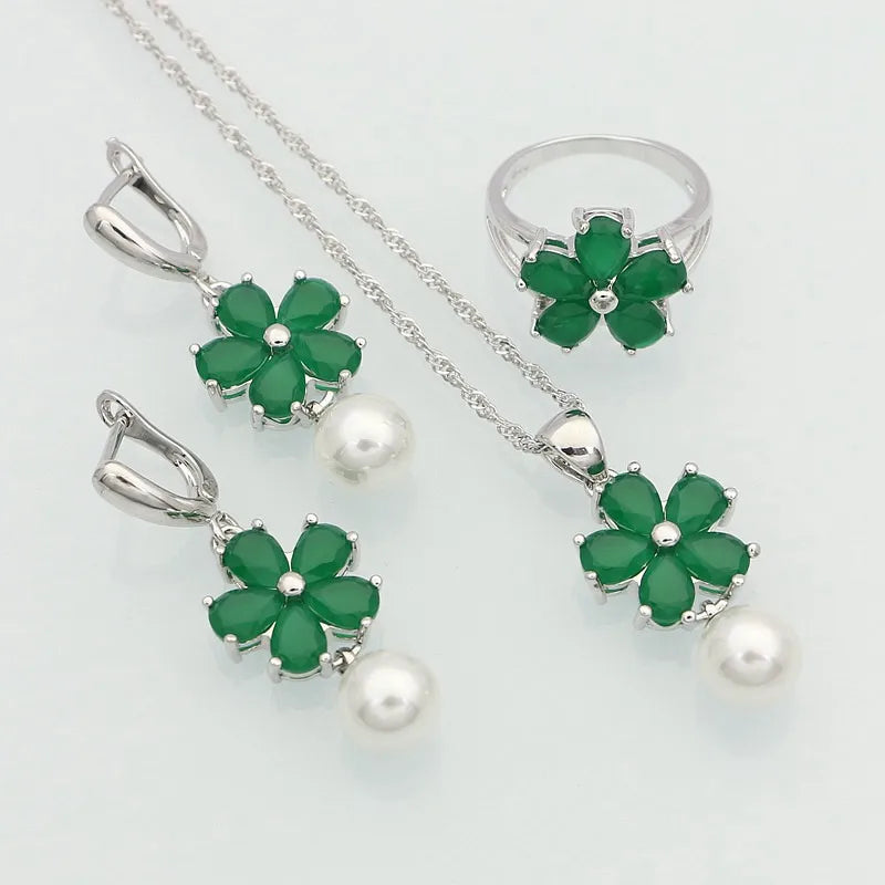925 Silver Green Emerald Pearls Jewelry Set for Women