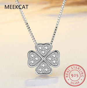 925 Silver Love Clover Necklace Rhinestone Choker Maxi Women Collar