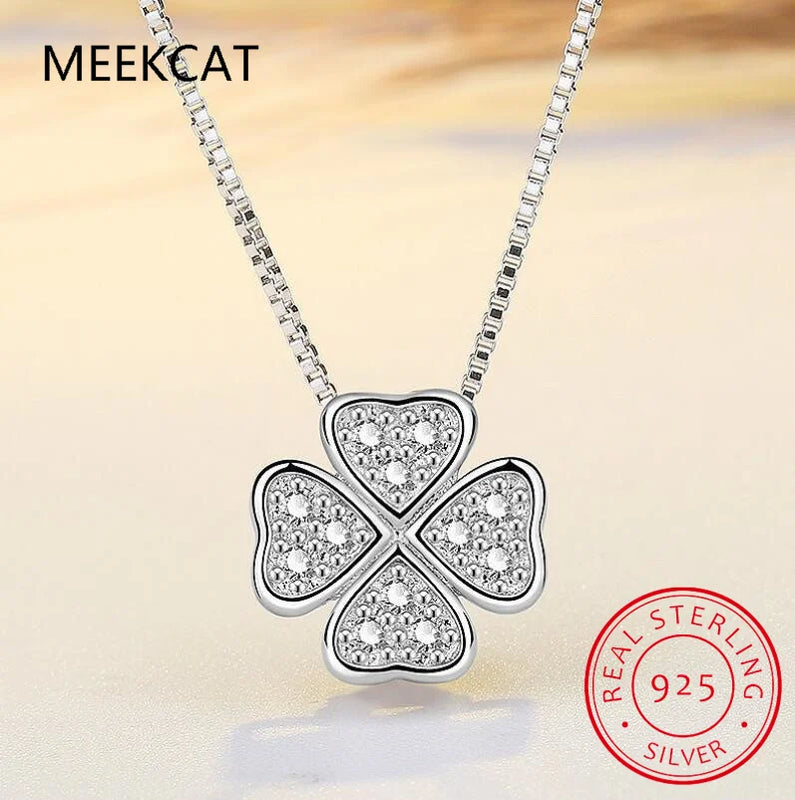 925 Silver Love Clover Necklace Rhinestone Choker Maxi Women Collar