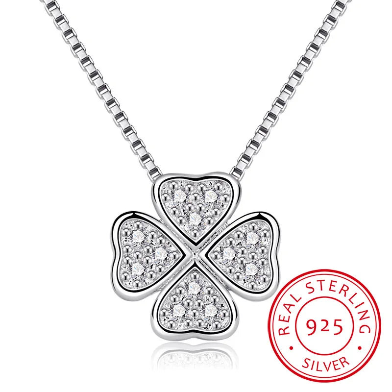 925 Silver Love Clover Necklace Choker Rhinestone Pendant Women Collares