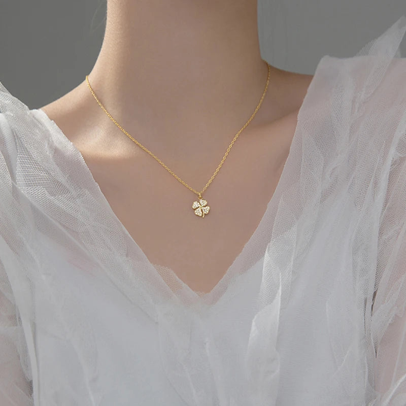925 Silver Love Clover Necklace Rhinestone Choker