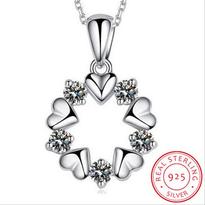 925 Silver Heart Zirconia Flower Pendant Necklace Women Gift S-N153