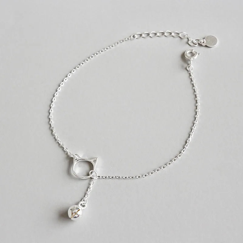 925 Silver Kitty Cat Bell Necklace for Women