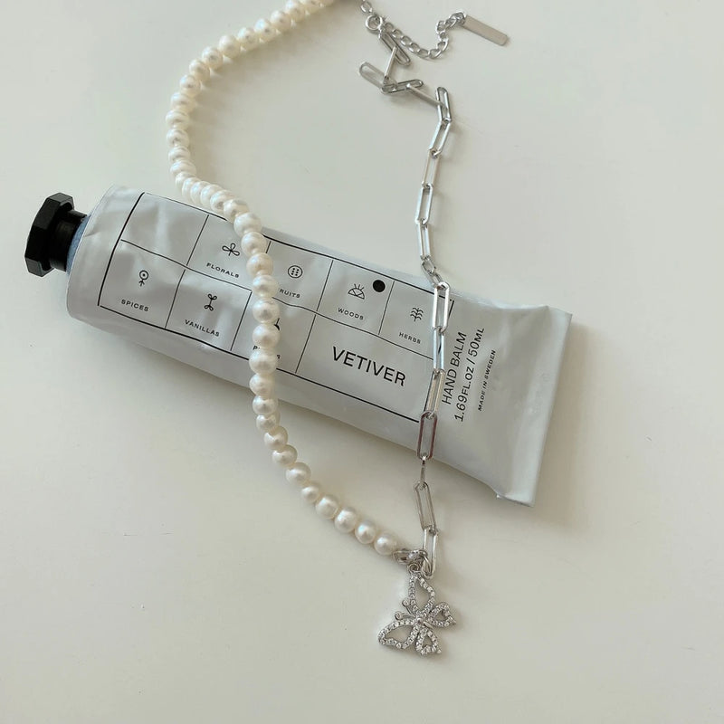 925 Silver Pearl Choker CZ Butterfly Necklace
