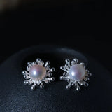 925 Silver Pearl Snowflake Stud Earrings For Women