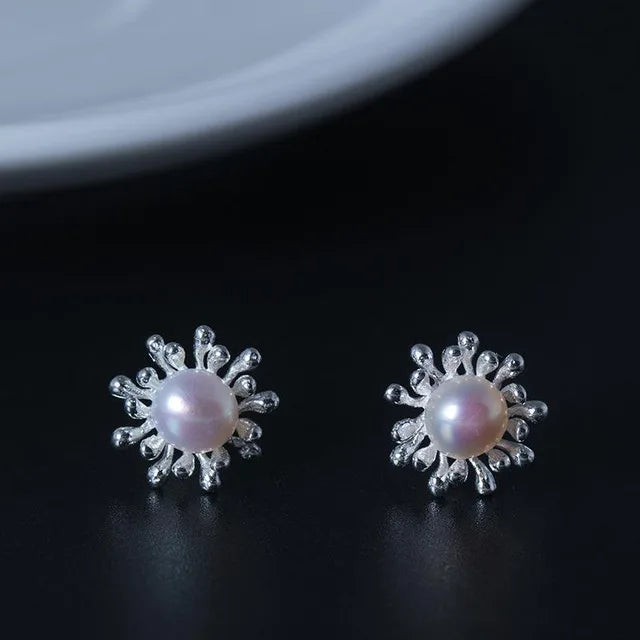 925 Silver Pearl Snowflake Stud Earrings For Women