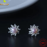 925 Silver Pearl Snowflake Stud Earrings For Women