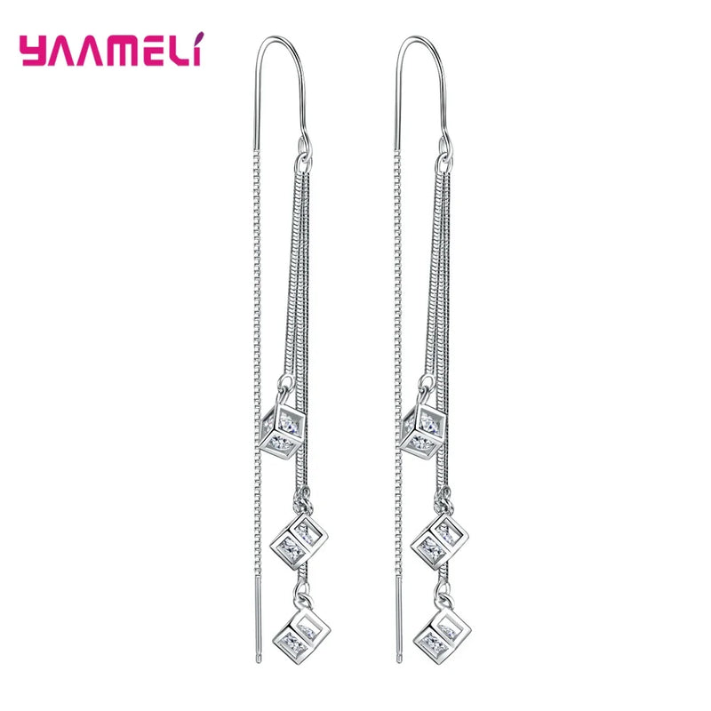 925 Silver Tassel Earrings with Cubic Zircon Stone for Women Girls