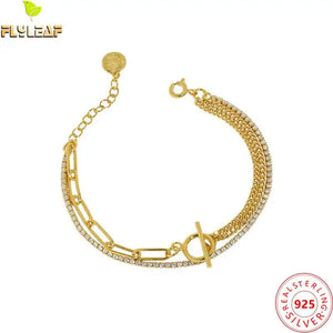 925 Silver OT Buckle Double Chain Bracelet 18k Zircon Femme Accessories